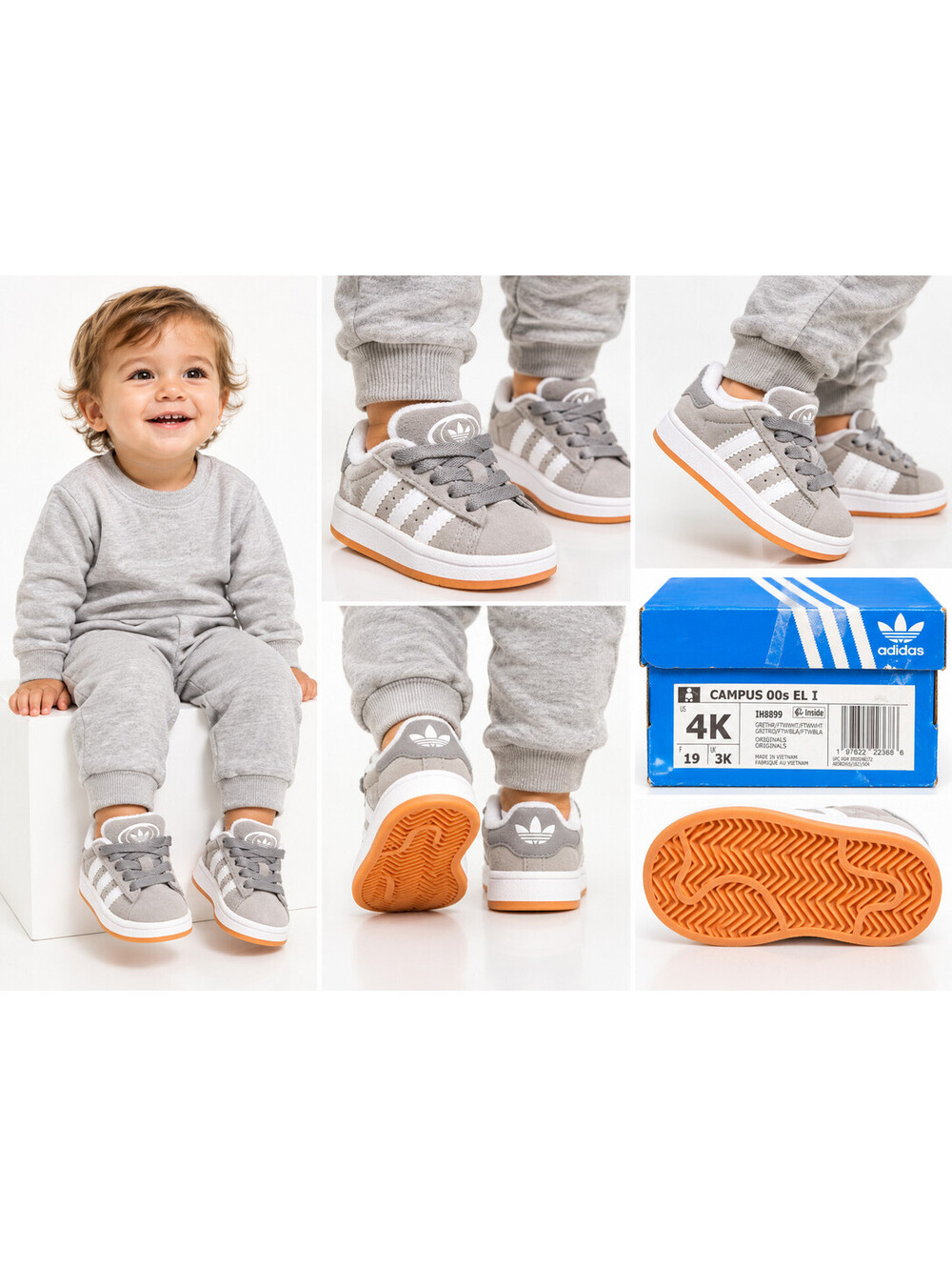 adidas Campus 00s EL I Toddler 4K Grey White Gum Suede Sneakers IH8899 NWT